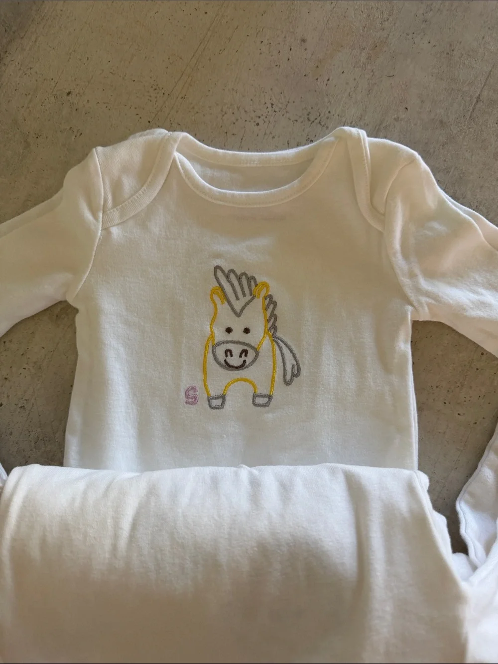 White Long-Sleeve Baby Bodysuit with horse motif ( days of week, complete set)